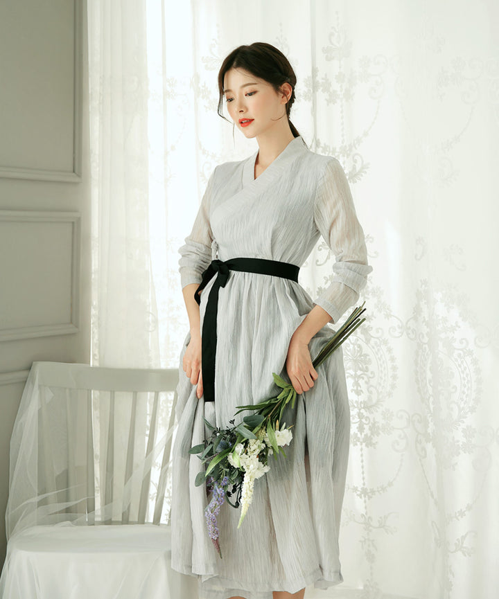 Korean Modern Hanbok Gray Dress Skirt Fancy Casual Daily Clothing Wrapped Design Fusion Hanbok CHD104