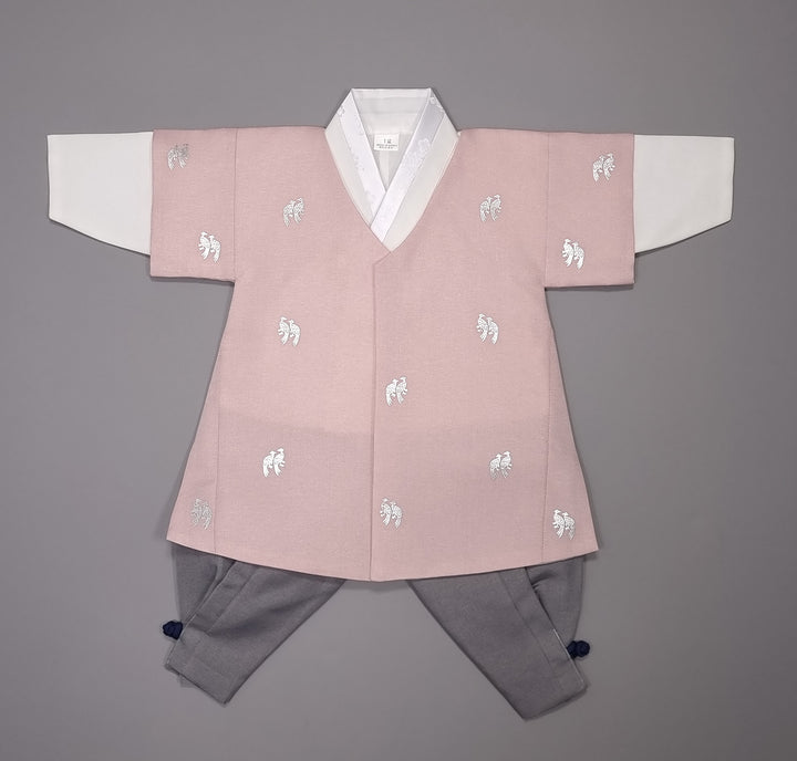 Korean Traditional Boy Baby Hanbok Dol Baikil Party Celebration 100th-10 Ages Pink Bird Silver Print HGB114