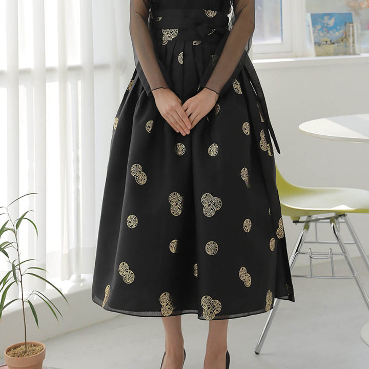 Korean Modern Daily Hanbok Skirt Black Gold Print Casual Modernized Party Celebration SSN010