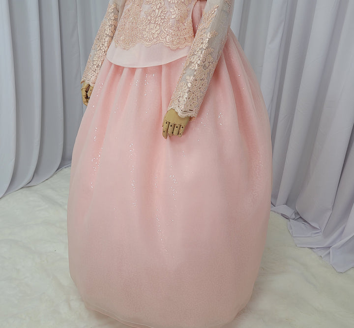 Korean Traditional Fancy Woman Personal Custom Hanbok Wedding Party Ceremony Mom Daughter Couple Look Pink Peach Lace Hanbok OSF138