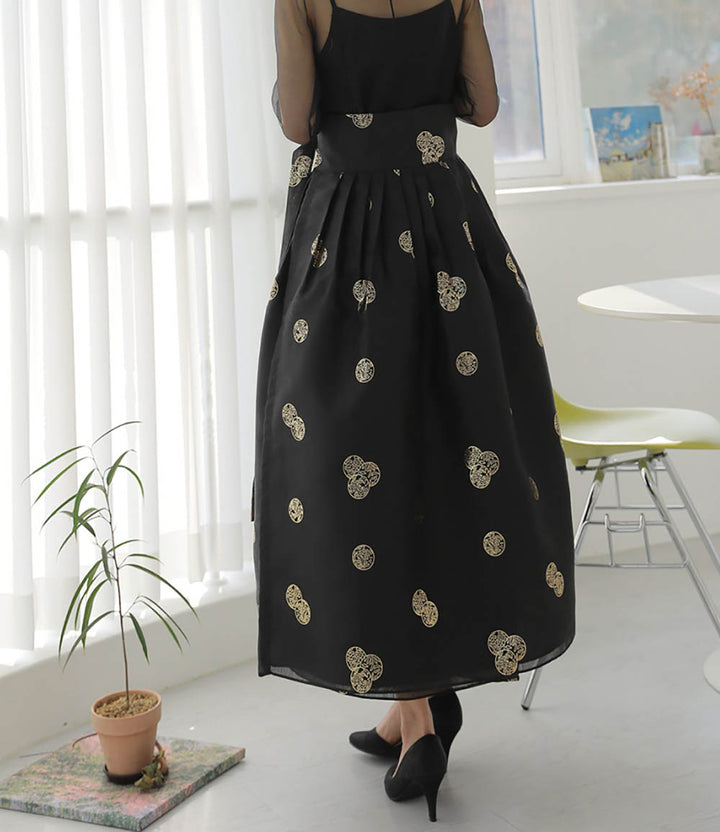 Korean Modern Daily Hanbok Skirt Black Gold Print Casual Modernized Party Celebration SSN010