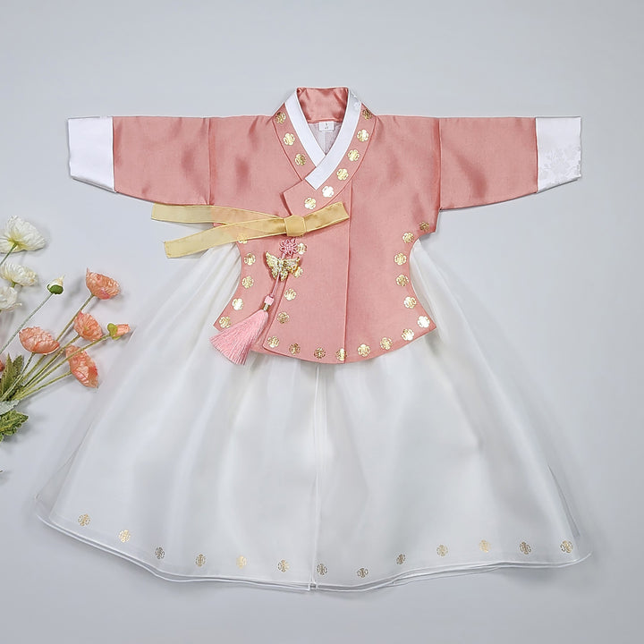 Korea Traditional Hanbok Girl Baby Peach Gold Print Baikil 1–10 Years 1st Birthday Party GOG207