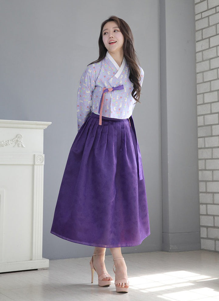 Korean Modern Daily Hanbok Casual Modernized Party Celebration Dress Top Jeogori Skirt Violet Purple SSN017