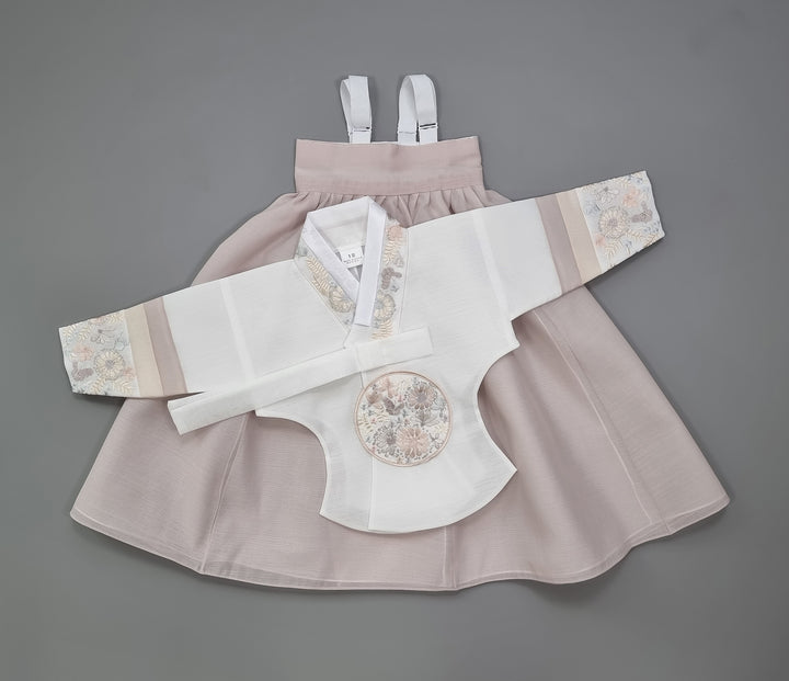 Hanbok Girl Baby Korea Traditional Clothing Set First Birthday Celebration Party 100th Birth Celebration 1 - 15 years White Embroidery Beige