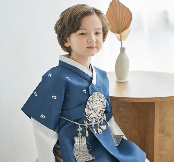 Korean Traditional Boy Baby Hanbok Dol Baikil Party Celebration 100th-10 Ages Navy Silver Print OSB101