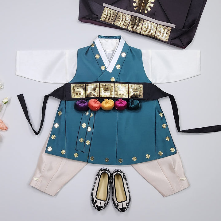 Korean Traditional Hanbok Boy Baby Dol Baikil Party Celebration 100th-10 Ages 1st Birthday Blue-Green GHB202