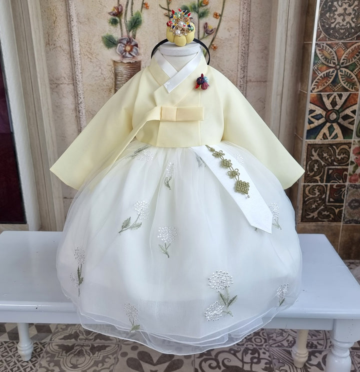 Hanbok Girl Baby Korea Traditional Clothing Set First Birthday Celebration Party 100th Birth Celebration 1–8 years Light Yellow Flower