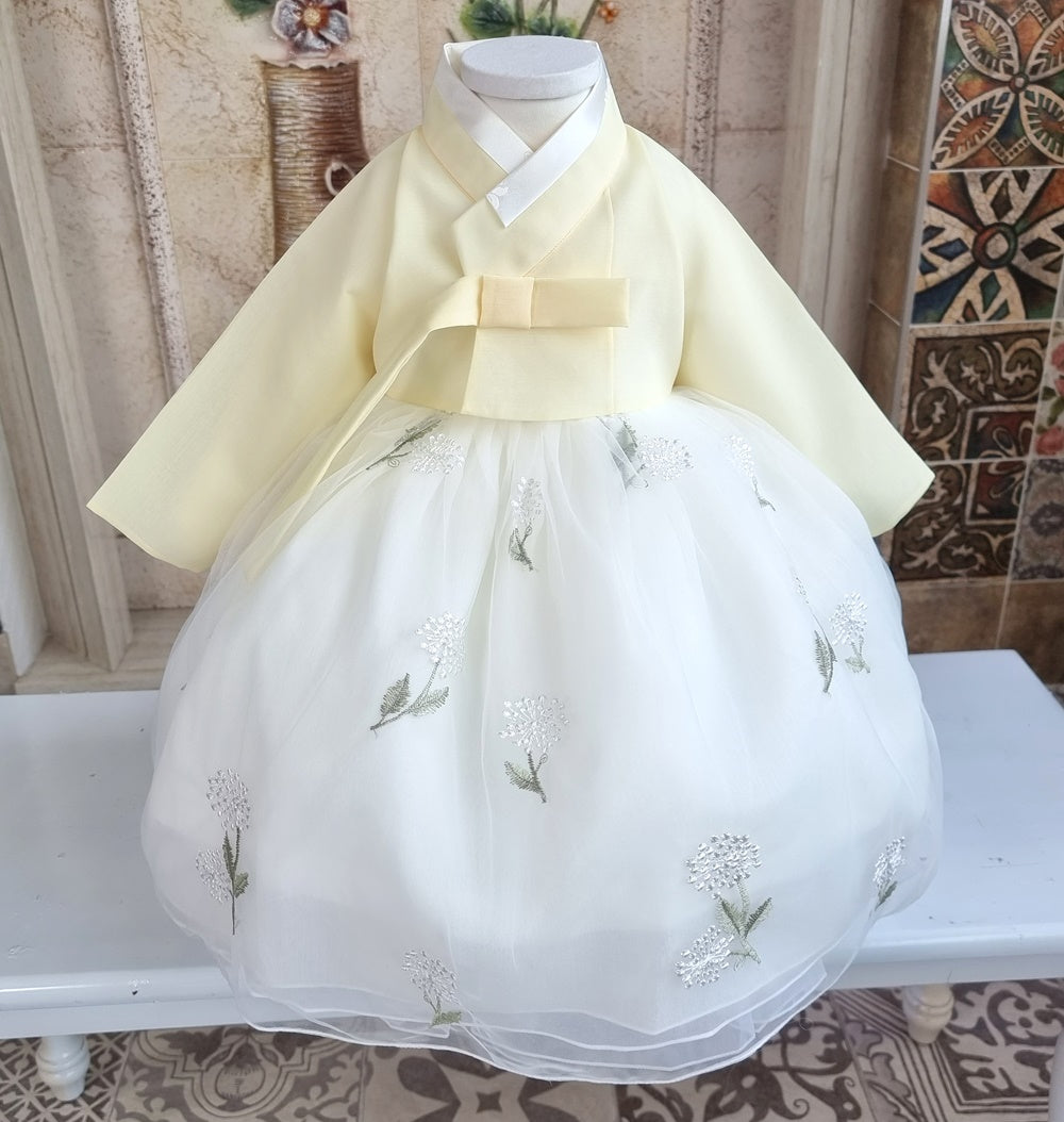 Hanbok Girl Baby Korea Traditional Clothing Set First Birthday Celebration Party 100th Birth Celebration 1–8 years Light Yellow Flower