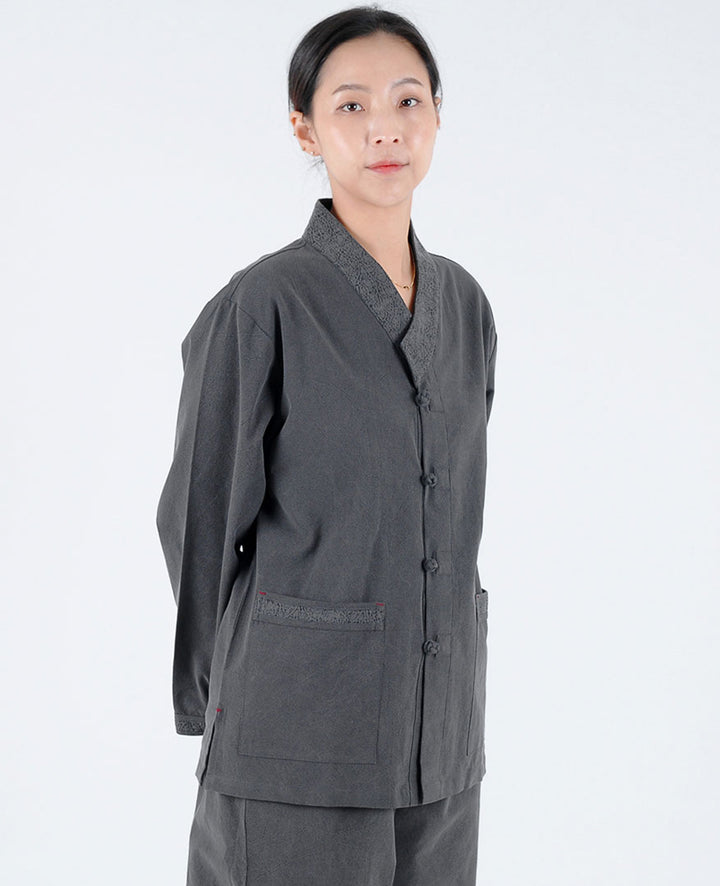 Korean Hanbok Washed Cotton Common Use Man Woman Casual Daily Clothing Meditation Yoga BTS Long Sleeve Charcoal Plus Size 24002