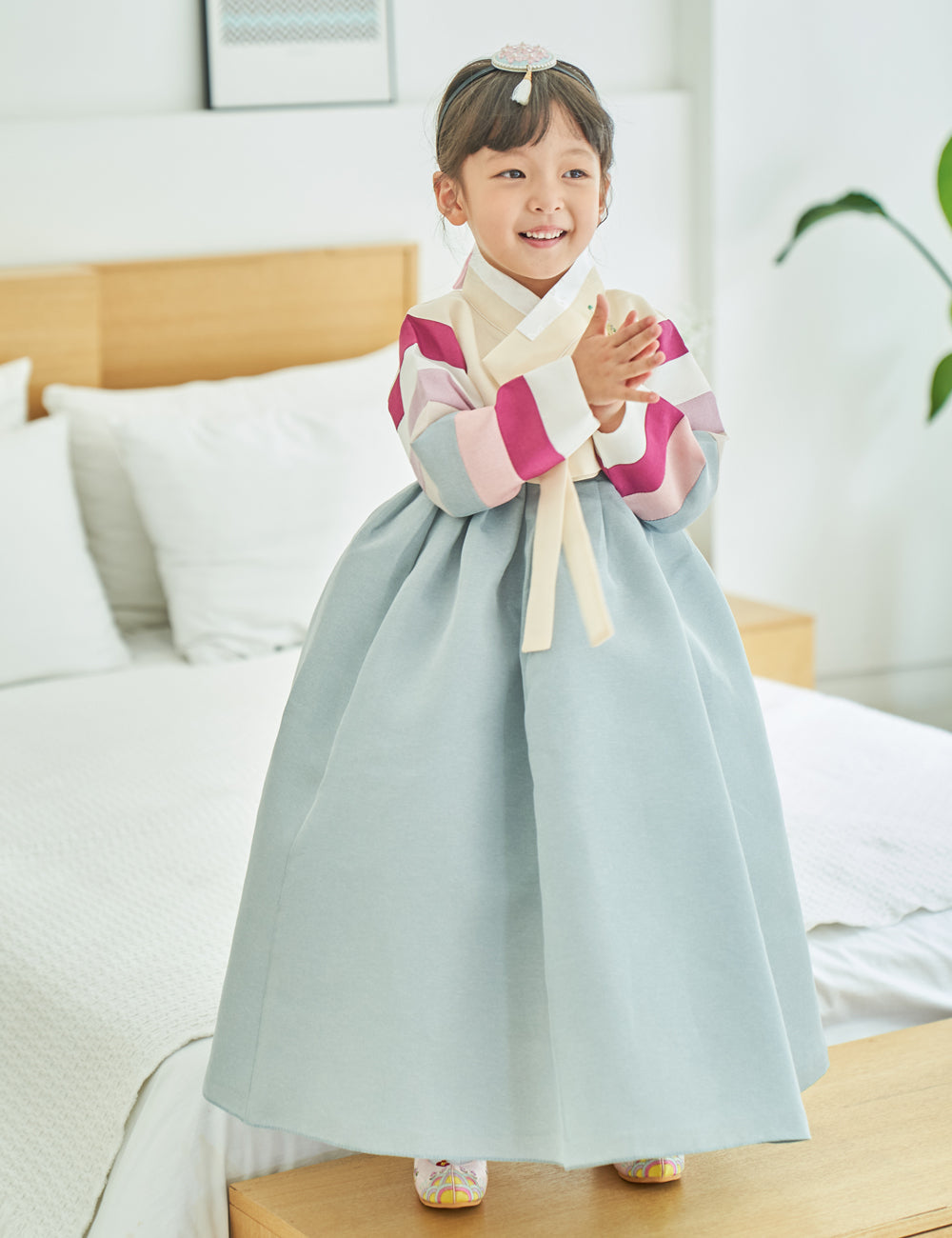 Hanbok Girl Baby Korea Traditional Clothing Set First Birthday Celebration Party 100th Birth Celebration 1–15 years Light Yellow Blue Skirt HG102