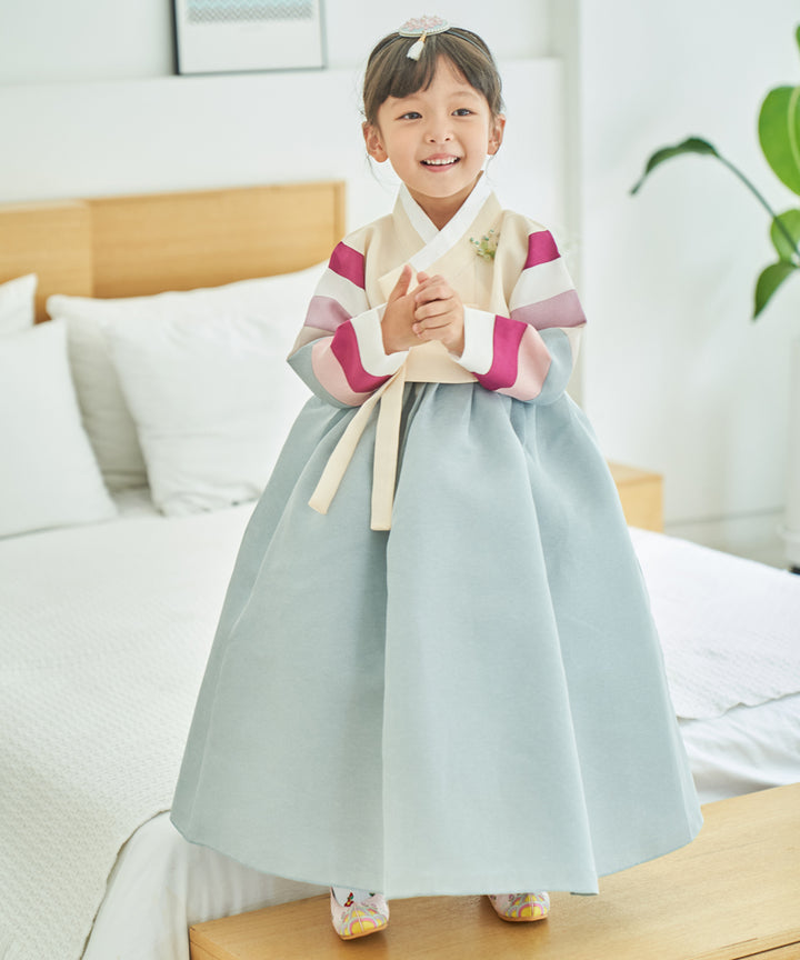 Hanbok Girl Baby Korea Traditional Clothing Set First Birthday Celebration Party 100th Birth Celebration 1–15 years Light Yellow Blue Skirt HG102