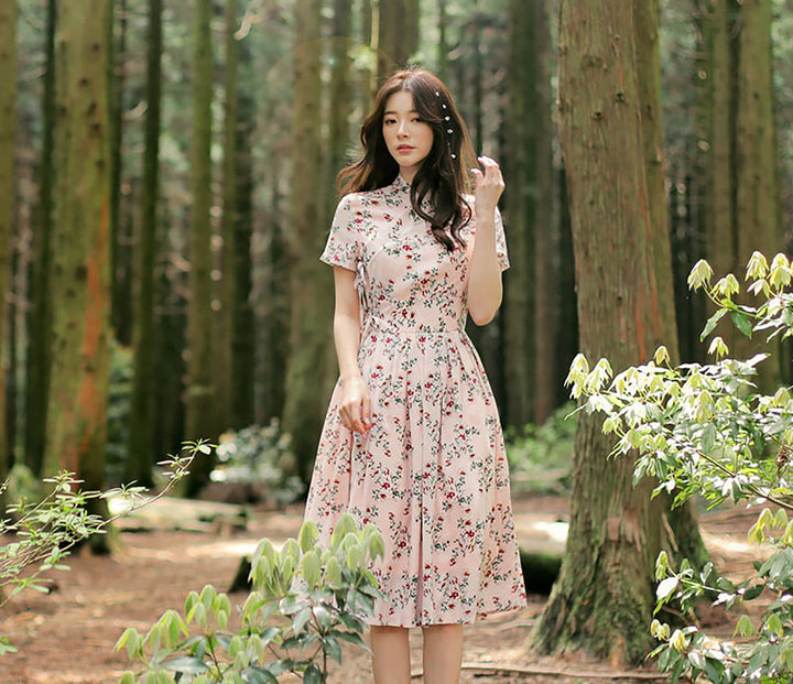 Korean Modernized Hanbok Pink Flower Dress Skirt Fancy Casual Daily Clothing Wrapped Design CHD101