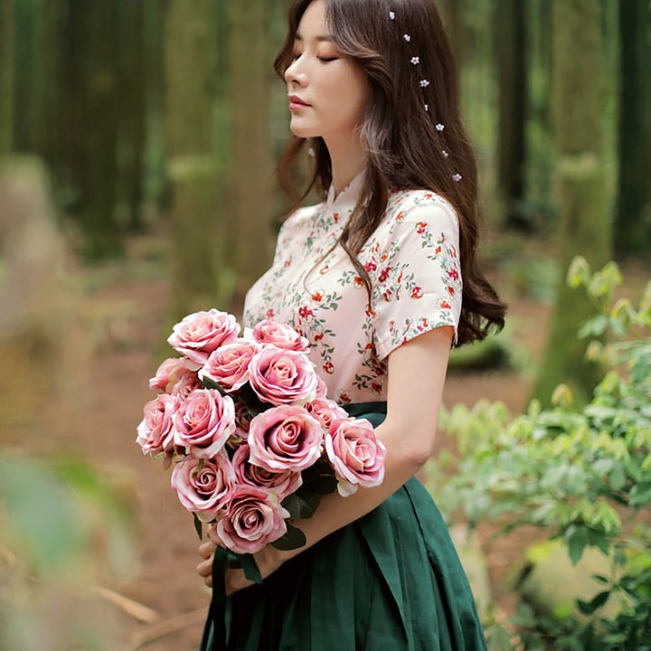 Korean Modernized Hanbok Pink Flower Dress Skirt Fancy Casual Daily Clothing Wrapped Design CHD101