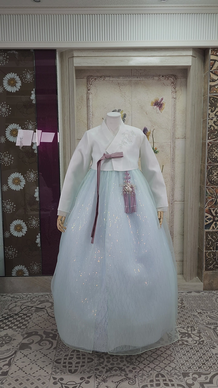 Korean Traditional Woman Personal Custom Hanbok Wedding Party Ceremony Pink Blue Beads Skirt Hanbok 142